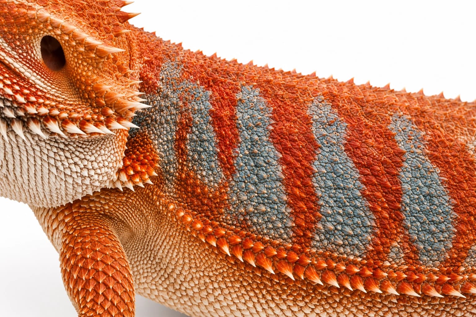 Close-up of slate-blue and blue-grey bars on the side of a Blue Bar Bearded Dragon