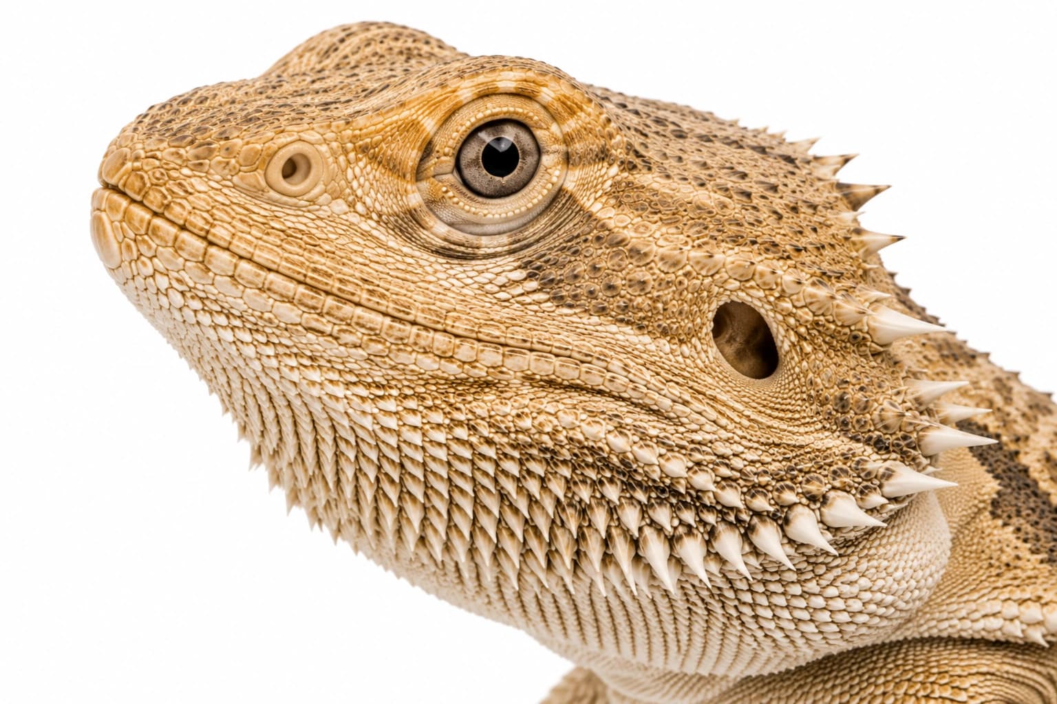 Close-up of a Dunner Bearded Dragon head showing irregular facial scales and outward-pointing beard spikes