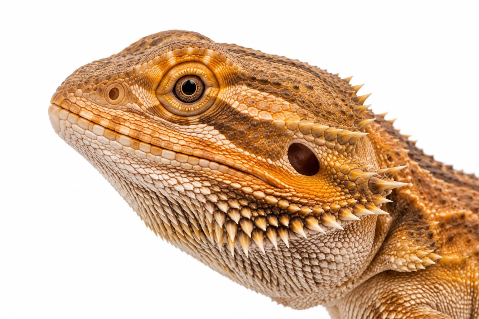 Normal Bearded Dragon head showing naturally pigmented eyes, rough scales and facial spikes