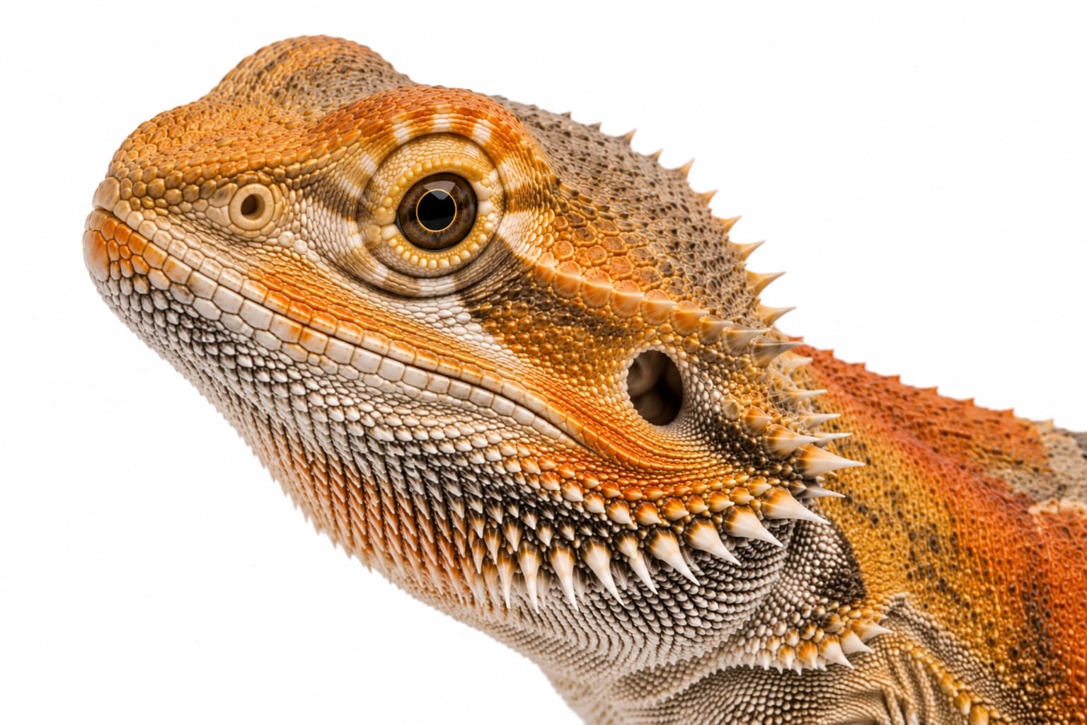 Close-up of a Paradox Bearded Dragon head showing irregular facial pigmentation