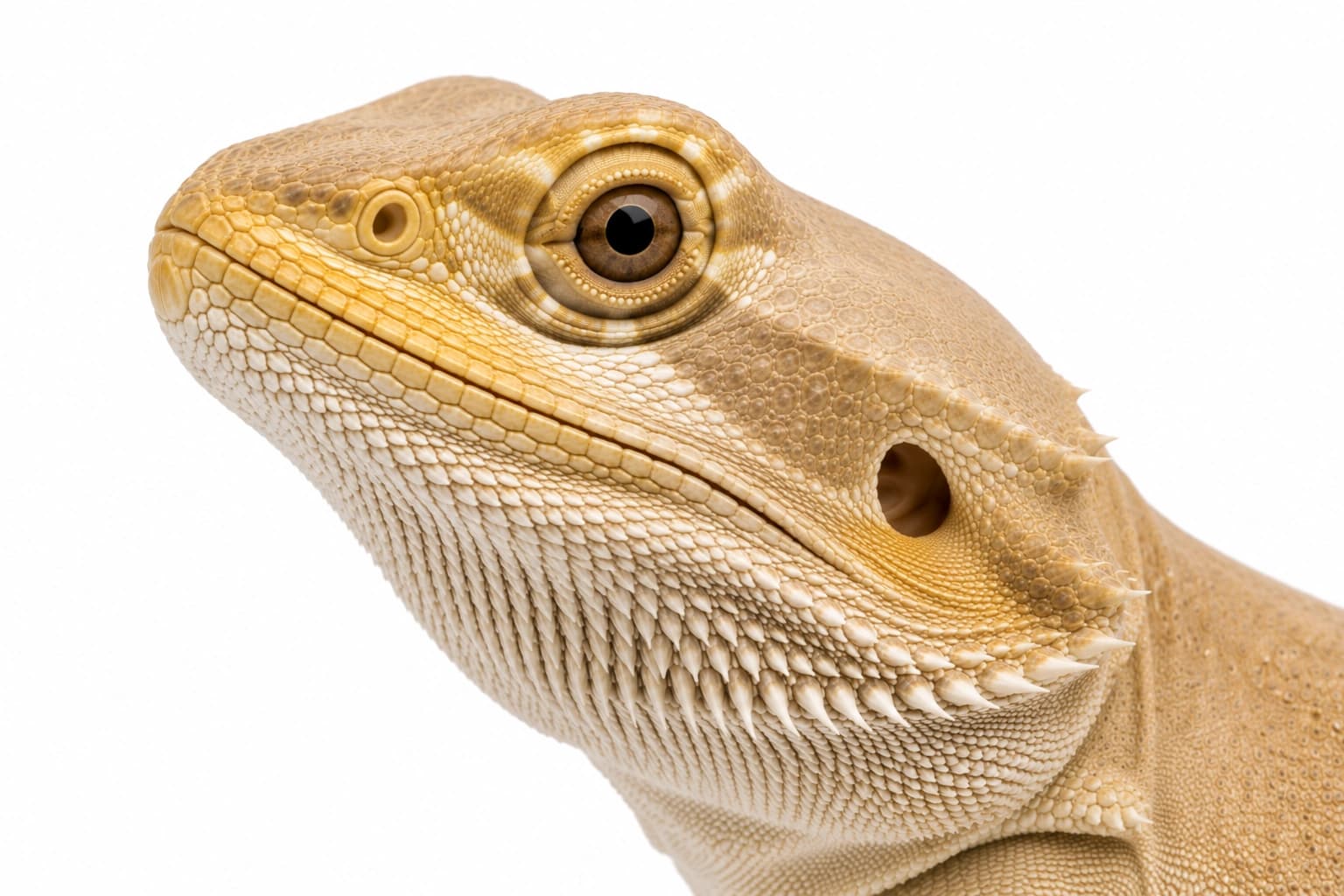 Close-up of a Silkback Bearded Dragon head showing reduced facial scales and exposed smooth skin