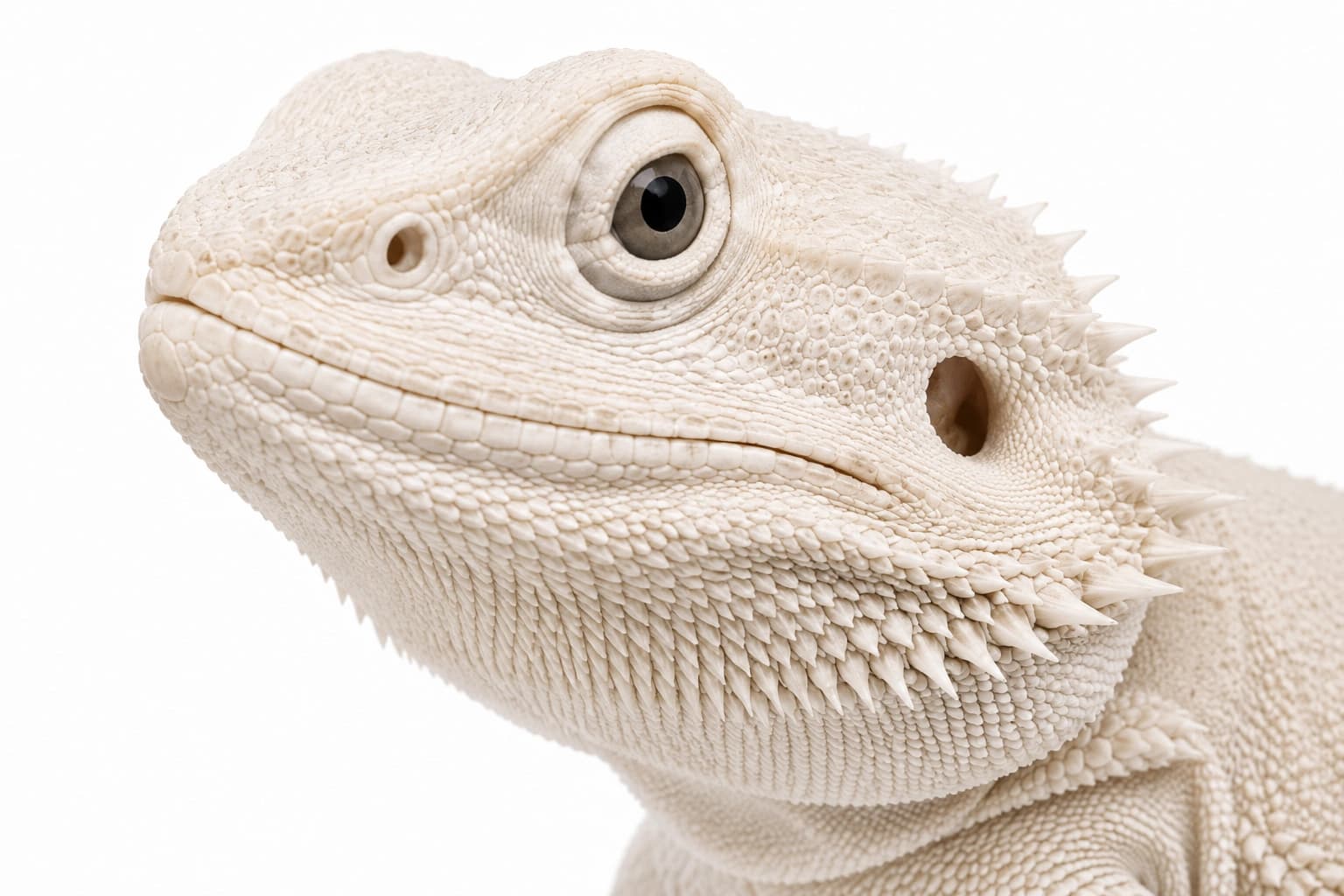 Close-up of a Zero Bearded Dragon head showing uniform pale pigmentation and normal facial scales