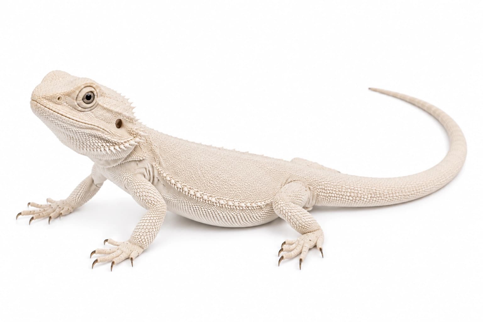 Juvenile Zero Bearded Dragon showing a pale patternless body and standard scales